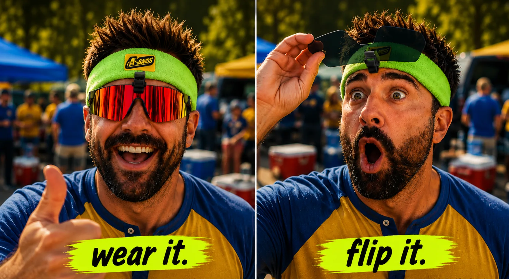 Man wearing A-BANDS flip-up sunglasses down over his eyes, then flipping the lens up onto his headband