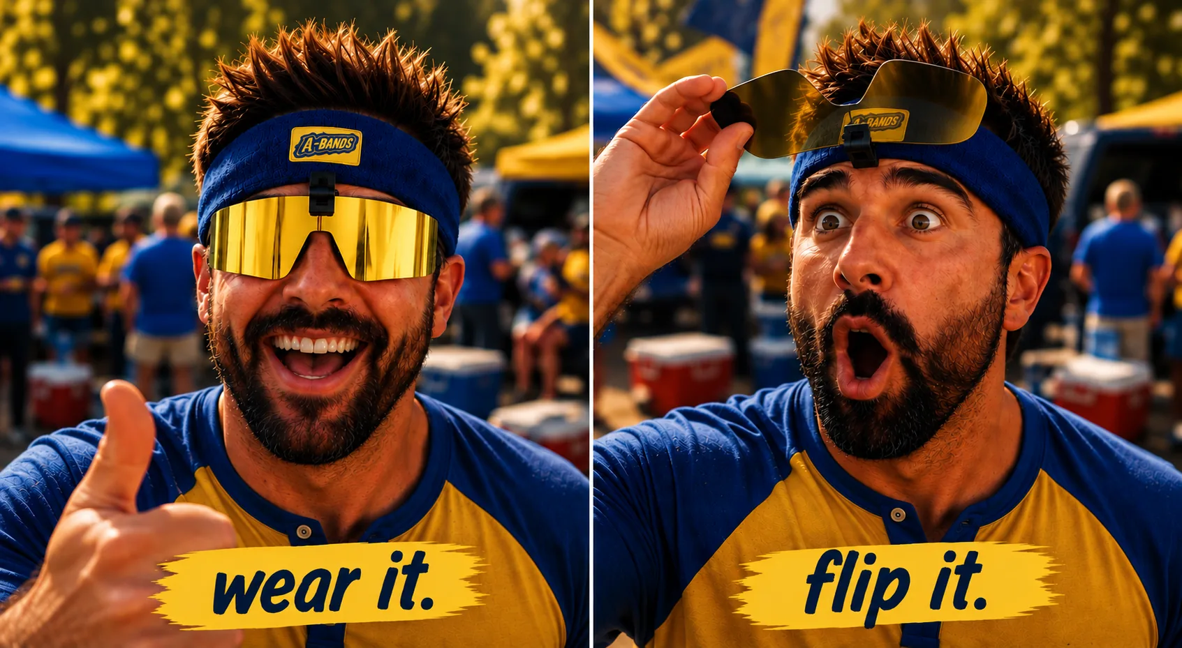 Navy and gold A-BANDS flip-up sunglasses shown worn with lenses down and flipped up on the headband