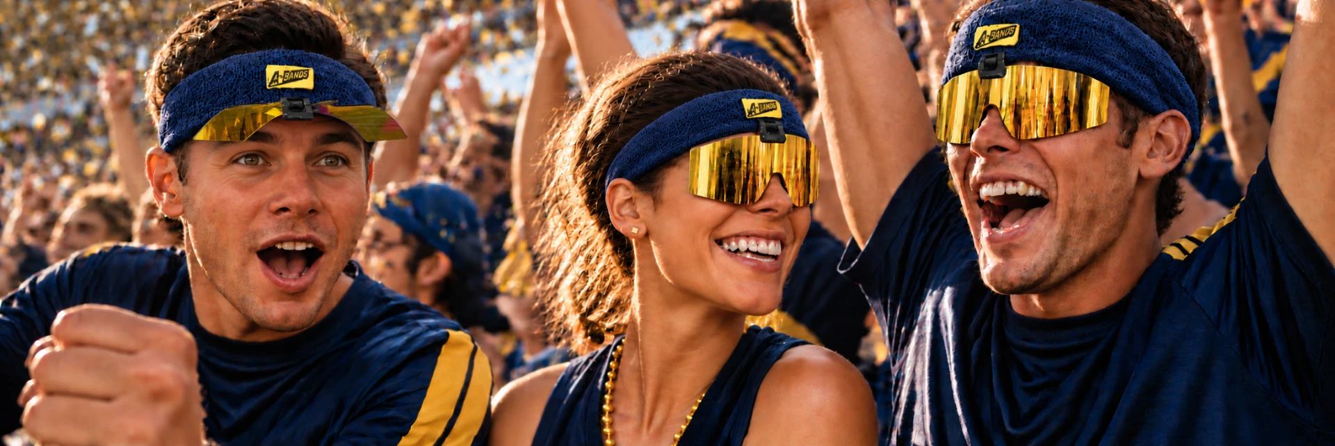 Three fans in navy and gold cheering in packed stadium stands wearing A-BANDS flip-up sunglasses, one pair flipped up on the headband and two flipped down