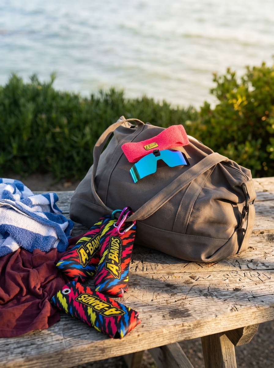 A-BANDS sunglasses on a duffel bag with koozie cases on a picnic table by the water