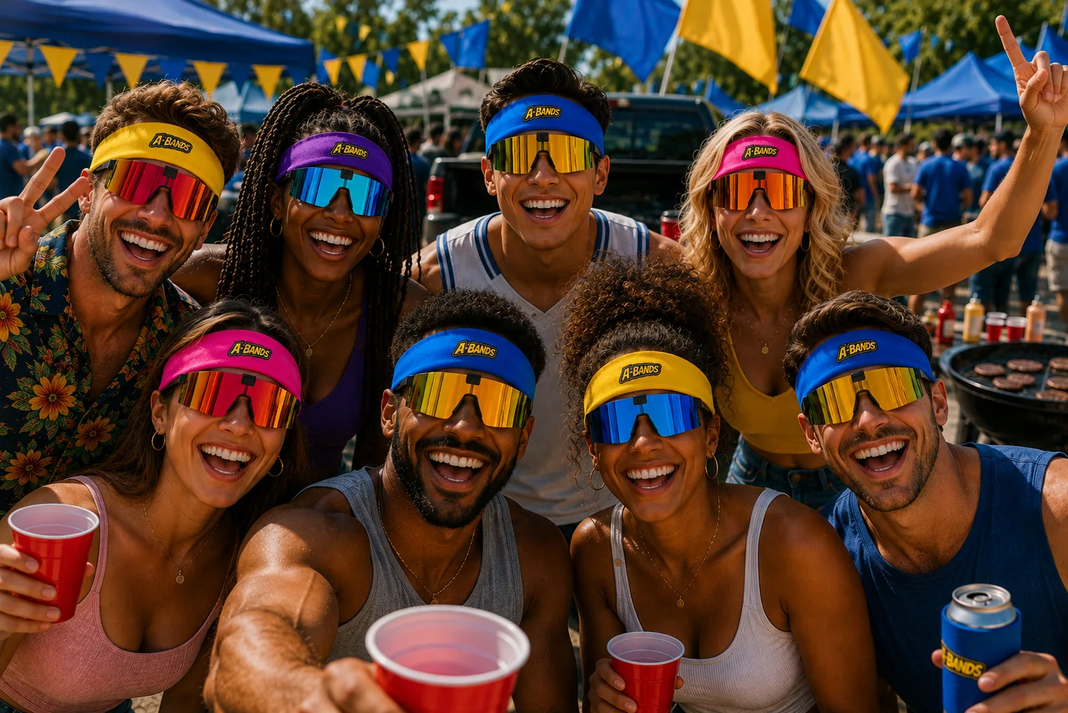 Gameday fans in blue and yellow A-BANDS flip-up shield sunglasses at a tailgate