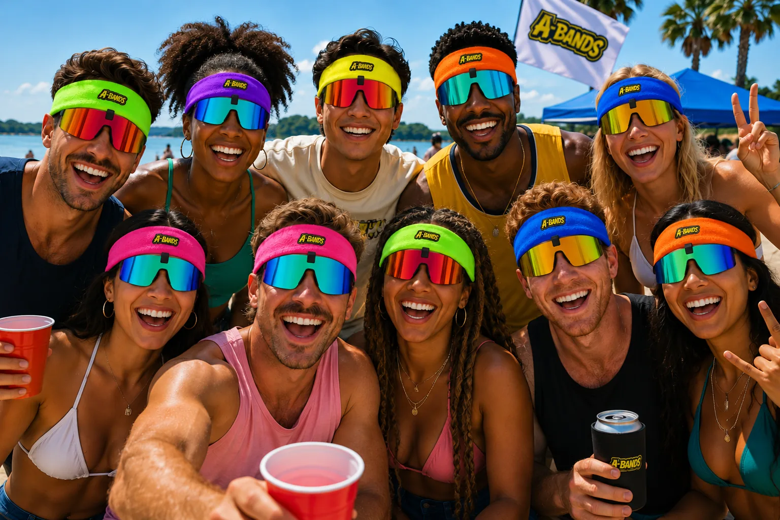 Beach party group wearing bright A-BANDS flip-up sunglasses attached to headbands